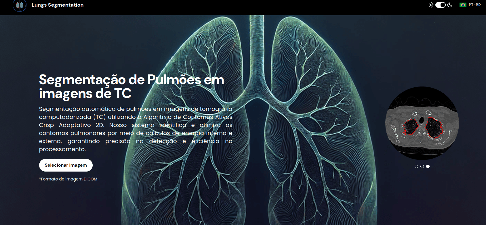 Home screen with a lung illustration and a CT slice with the lung contour outlined.