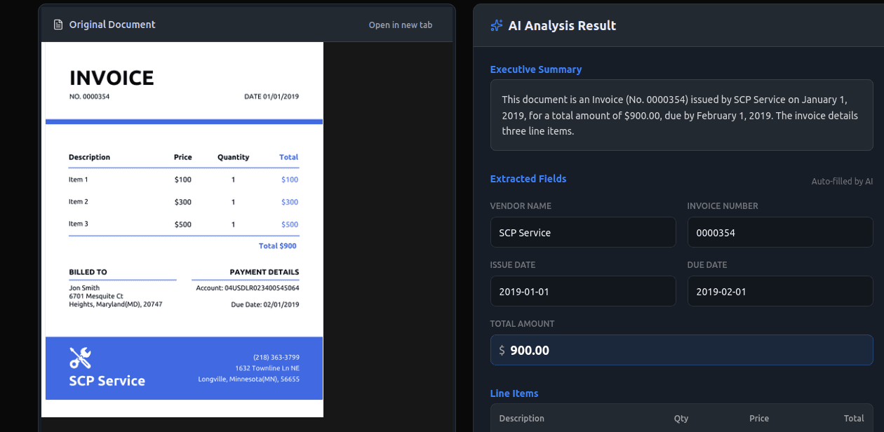 An invoice next to the analysis result: summary and extracted fields.